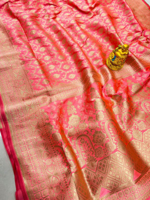 Baby pink color banarasi silk saree with golden zari weaving work
