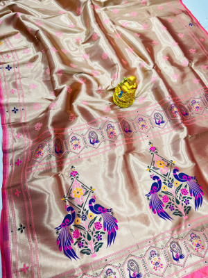 Peach color soft kanchipuram silk saree with zari weaving work