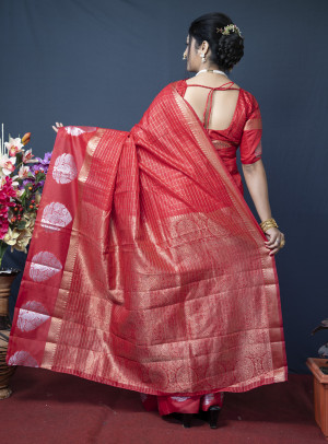Red color soft linen saree with golden and silver zari woven work