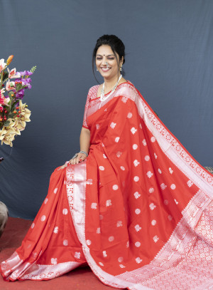 Red color soft lichi silk saree with silver zari woven work