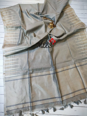 Gray color raw silk saree with temple woven border