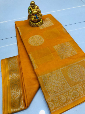 Yellow color linen cotton saree with golden zari weaving work