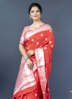 Red color soft lichi silk saree with silver zari woven work
