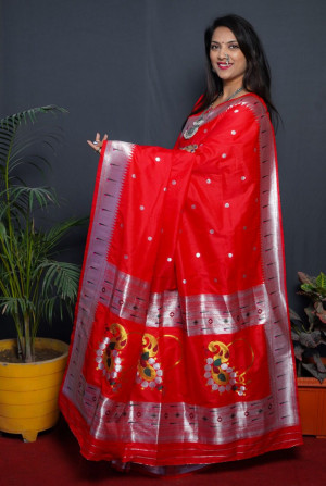Red color soft paithani silk saree with silver zari weaving work
