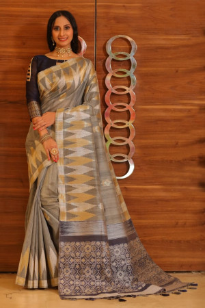 Gray color tussar silk weaving saree with temple woven border
