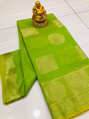Green color linen cotton saree with golden zari weaving work