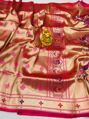 Rani pink color soft kanchipuram silk saree with zari weaving work