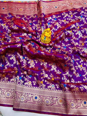 Purple color soft kanchipuram silk saree with golden and silver zari weaving work
