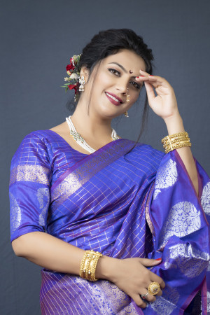 Violet color soft linen silk saree with golden zari weaving work