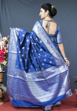Royal blue color soft lichi silk saree with silver zari woven work