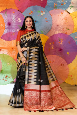 Black color tussar silk weaving saree with temple woven border