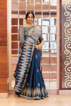 Navy blue color tussar silk weaving saree with temple woven border