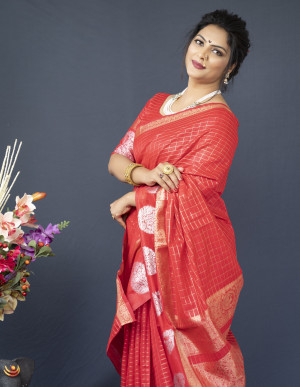 Red color soft linen silk saree with golden zari weaving work