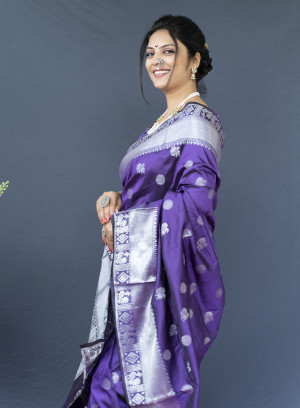 Purple color soft lichi silk saree with silver zari woven work
