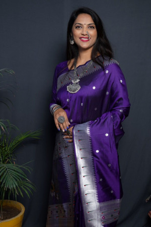 Purple color soft paithani silk saree with zari weaving work