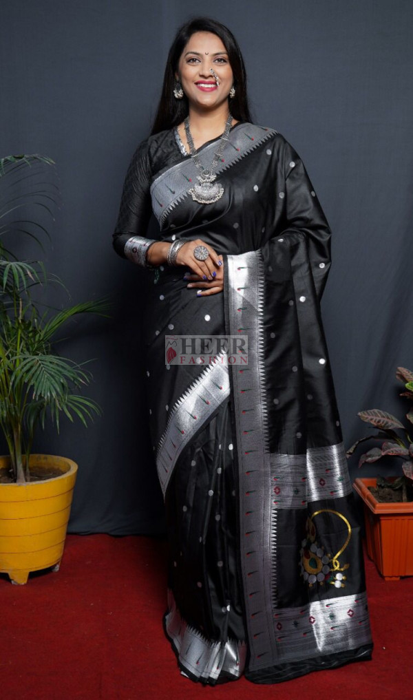 fcity.in - Shree Silk Black Silver Zari Pethni Design Saree / Alisha  Graceful