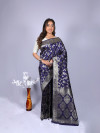 Navy blue color pure silk saree with zari weaving work