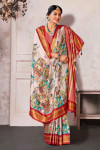Off white and red color soft cotton saree with digital printed work
