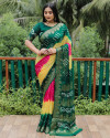Yellow and green color bandhej silk saree with zari weaving work