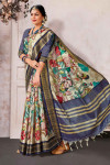 Off white and navy blue color soft cotton saree with digital printed work