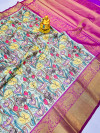 Sea green color kanchipuram silk saree with kalamkari design