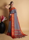 Gray color soft cotton saree with zari weaving work