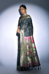 Black color tussar silk saree with zari weaving work