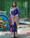 Royal blue color organza silk saree with zari weaving work