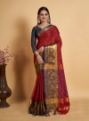 Red color cotton silk saree with zari woven work