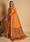 Mastard yellow color cotton silk saree with zari woven work