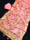 Baby pink color organza silk saree with moti work