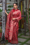 Red color tussar silk saree with woven design