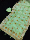Pista green color organza silk saree with moti work