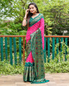 Rani pink and green color hand bandhej silk saree with zari weaving work