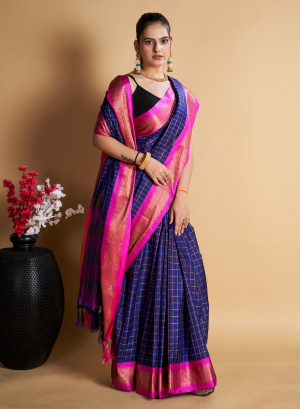 Navy blue color soft cotton saree with zari weaving work