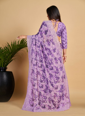 Purple color linen silk saree with digital printed work