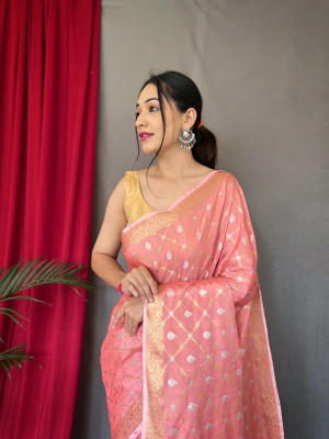Peach color muslin silk saree with zari weaving work