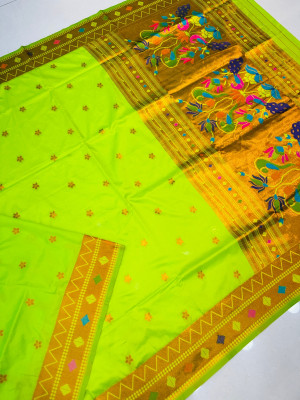 Apple green color paithani silk saree with zari weaving work