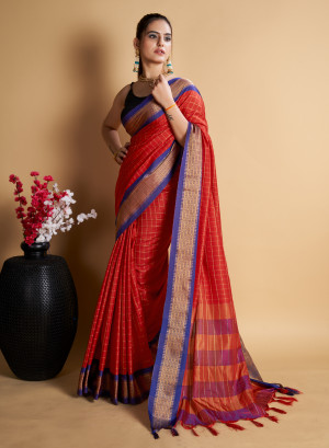 Red color soft cotton saree with zari weaving work
