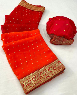 Red and orange color georgette saree with foil printed work
