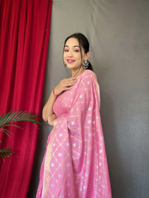 Baby pink color muslin silk saree with zari weaving work
