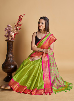 Parrot green color cotton silk saree with zari woven work