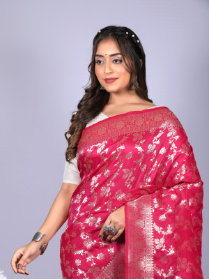 Pink color pure silk saree with zari weaving work