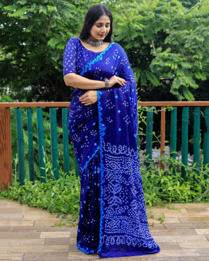 Royal blue color soft bandhej silk saree with sequence work
