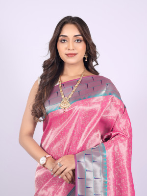 Pink color tissue silk saree with zari weaving work
