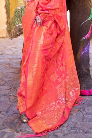 Peach color banarasi silk saree with zari weaving work