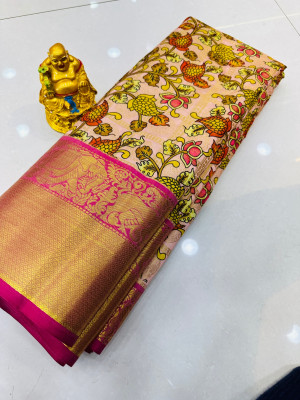 Baby pink color kanchipuram silk saree with kalamkari design