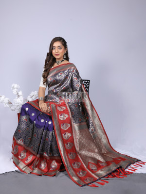 Navy blue color kanchipuram silk saree with zari weaving work