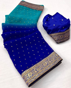Sea green and royal blue color georgette saree with foil printed work