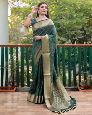 Bottle green color cotton silk saree with zari weaving work